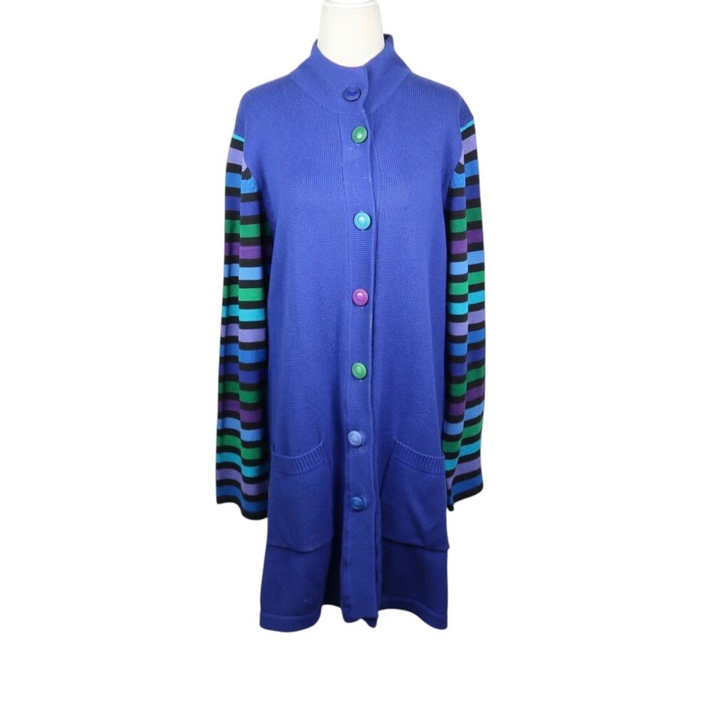 Bob Mackie Wearable Art Blue Stripe Sleeve Duster Cardigan Sweater M